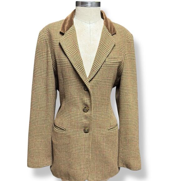 Vintage Jaclyn Smith Blazer 10 Classic Brown Tweed Faux Suede Trim Equestrian M - Picture 1 of 14